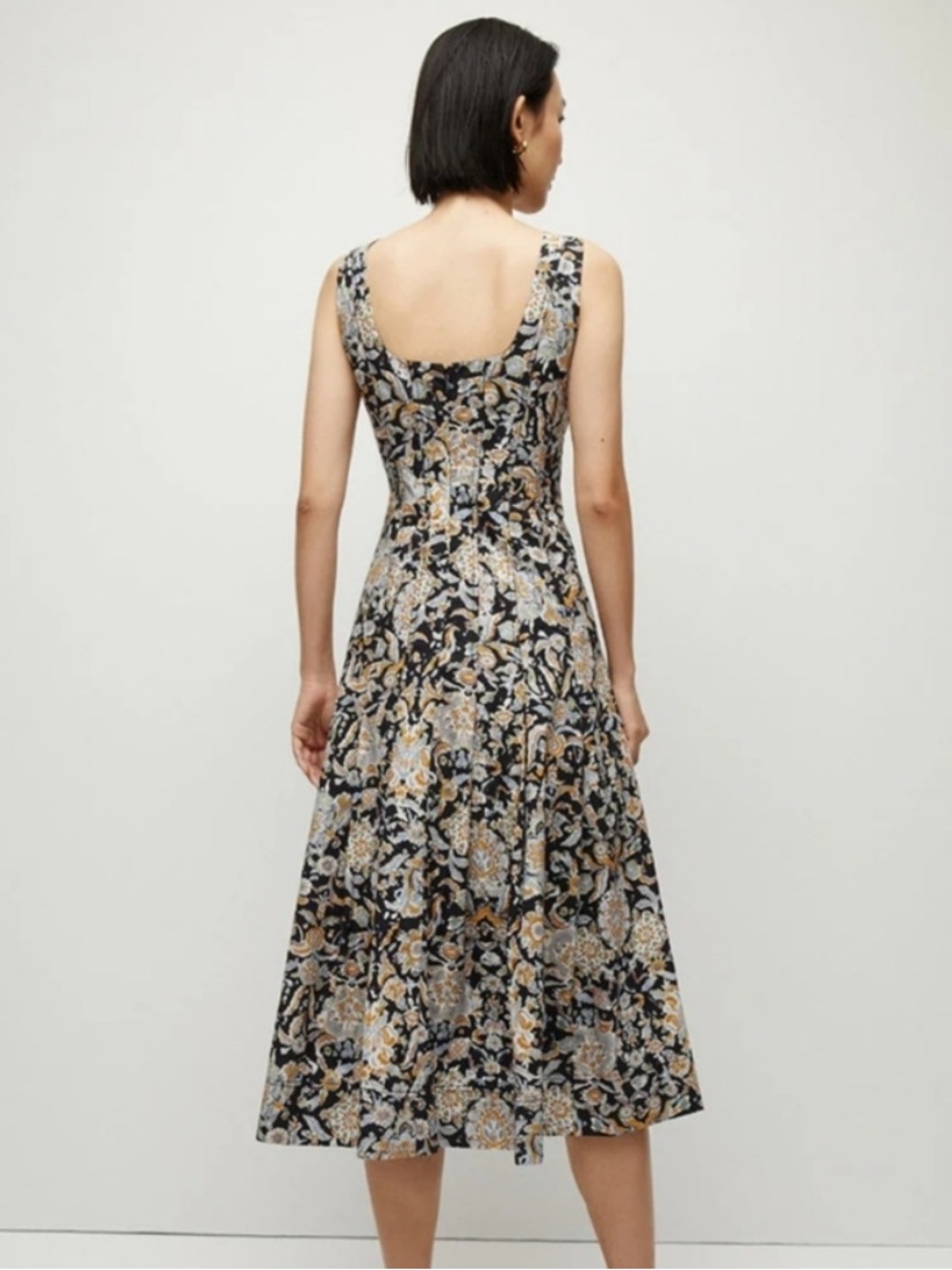 Veronica Beard Jolie Black Gold Blue Floral Paisley Sleeveless A-Line Midi Dress - Picture 8 of 17